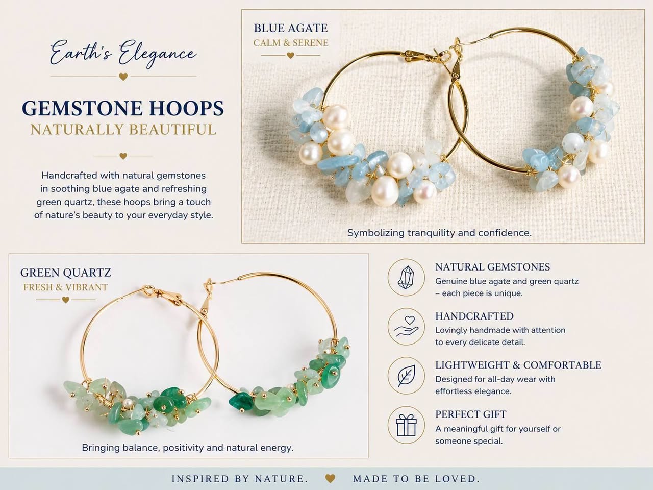 Gemstone hoop earrings with blue agate and green quartz